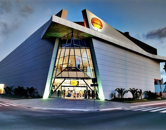 Fachada iluminada da Rio Center à noite