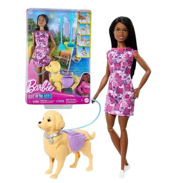 BARBIE BROOKLYN PASSEIO COM CACHORRINHO NEGRA MATTEL