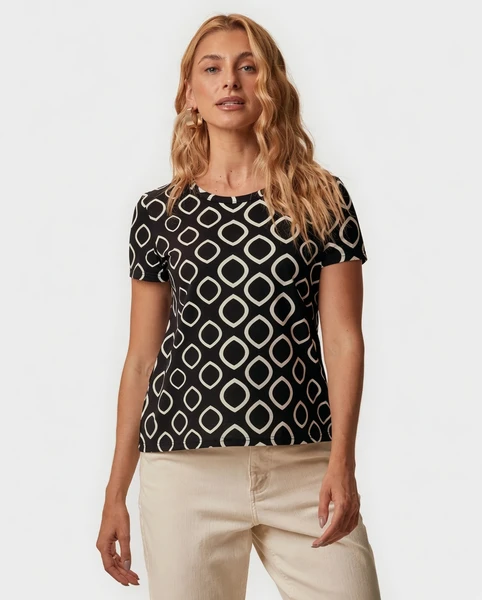 BLUSA FEMININA DECOTE REDONDO ESTAMPADA EM ALGODÃO