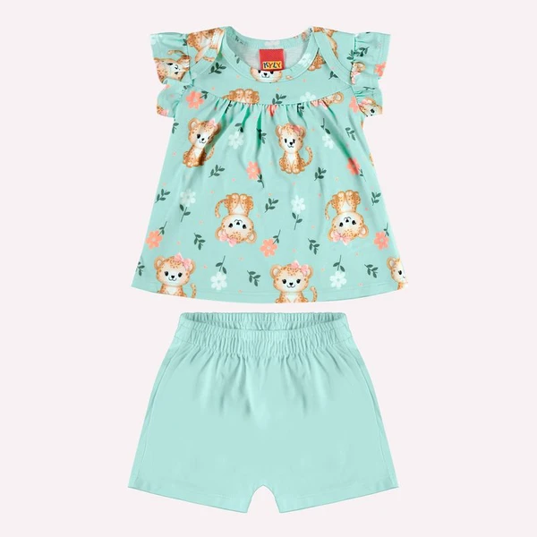 CONJUNTO BEBÊ MENINA KYLY BLUSA MANGA CURTA E SHORT ONÇAS